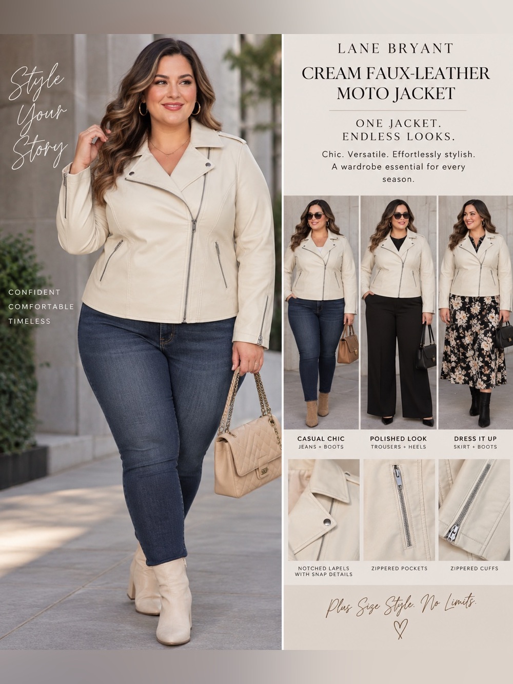 Lane Bryant Egret Ivory Faux Leather Moto Jacket Plus Size 22/24 Silver Zip